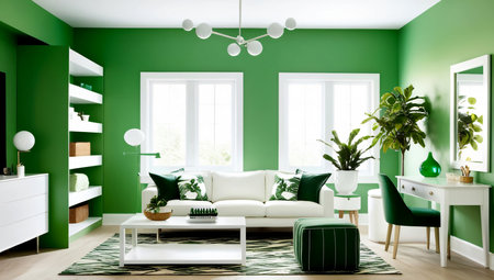 Design a modern dressing room featuring sleek, built-in wardrobes with handle-less doors. Include floating shelves for additional storage and a large, frameless mirror.の素材