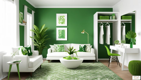 Design a modern dressing room featuring sleek, built-in wardrobes with handle-less doors. Include floating shelves for additional storage and a large, frameless mirror.の素材