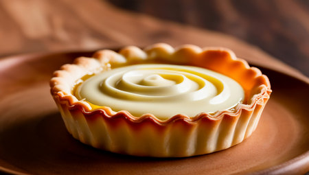 Irresistible egg tart, featuring a crispy, golden-brown dough crust with delicate layers, glistening with a subtle sheen, and a velvety smooth egg custard filling that's creamy white with a hint of yellow, the surface adorned with a delicate.の素材