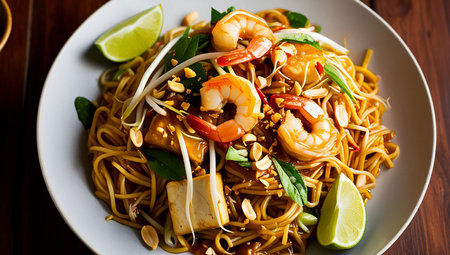 Warm color photography, Pad Thai Description: Picture a plate of stir-fried rice noodles, wok-tossed to perfection with succulent shrimp, tender tofu, crunchy bean sprouts, and finely chopped peanuts. The dish is flavored with a tangy tamarind sauce, offering a delightful balance of sweet, sour, and savory notes. Garnished with fresh lime wedges and chili flakes, Pad Thai is a quintessential Thai dish that bursts with vibrant flavors and textures.の素材