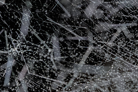 Drops on white spider web with blur bokeh isolated on black backgroundの写真素材