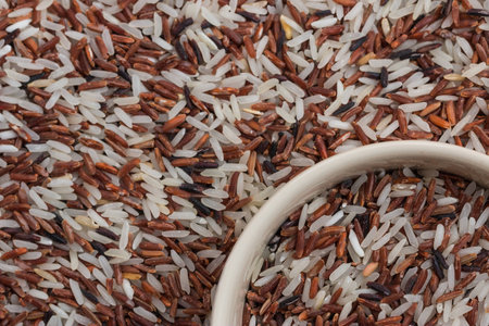 Mix rices : white (jasmine) rice,riceberry and brown rice in the cup on rice backgroundの写真素材
