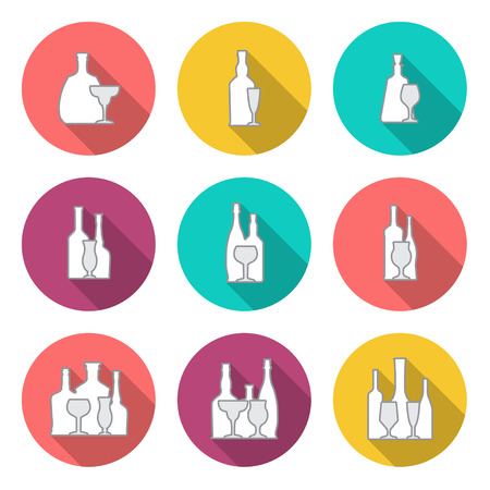 The Wine and whiskey bottle circular flat icon isolated on whiteのイラスト素材