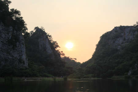 Sunset between the gorges at Khao Ngu Parkの写真素材