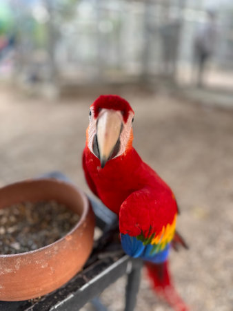 Red parrot in a large cageの写真素材