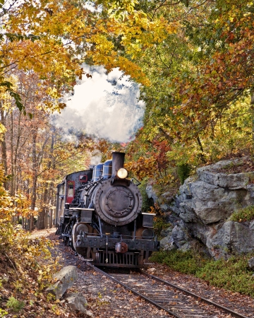  Vertical orientation  of Essex Steam Train coming thru a rocky pass with a fall foliage backdrop の写真素材