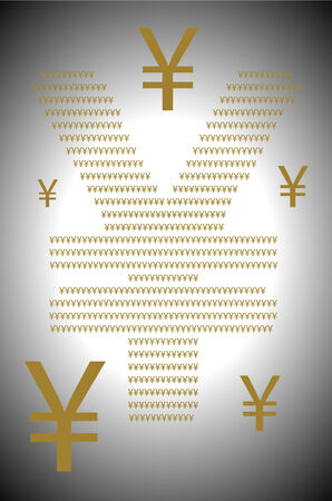 Several golden yen currency symbols in different sizesの写真素材