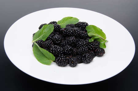 Plate of fresh blackberries with mint on a black backgroundの写真素材