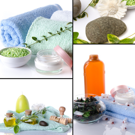 Collage of body care and spa products, isolated on whiteの写真素材