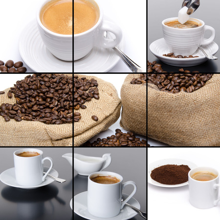 Coffee collage, cup of coffee,  beans, sugar, milkの写真素材