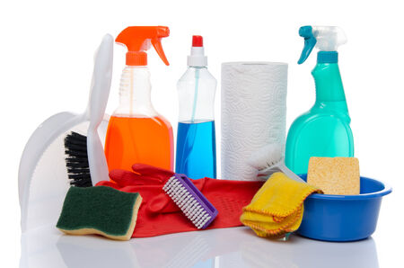 Cleaning  products with cleaning material, isolated on whiteの写真素材
