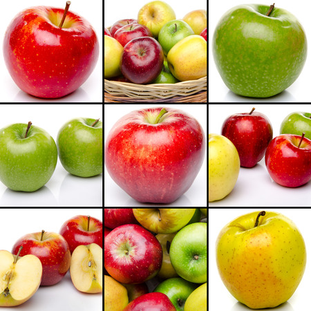 Collage of compositions with different apples, isolated on whiteの写真素材