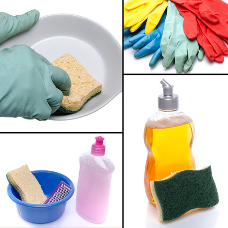 Collage with different cleaning products, isolated on whiteの写真素材