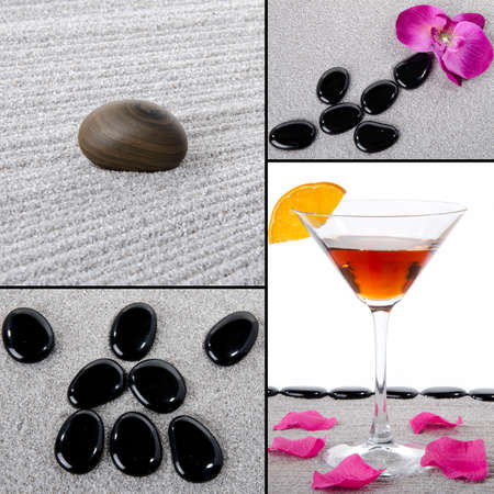 Collage with pebbles and a cocktail on a sand carpetの写真素材