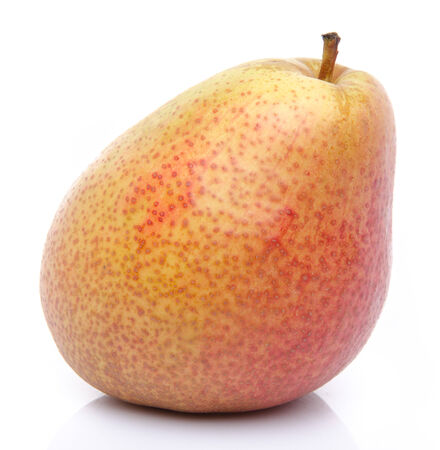 Ripe red yellow pear, isolated on whiteの写真素材
