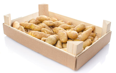 New rattes potatoes in a wooden crate, isolated on whiteの写真素材