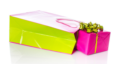 Gift with paper shopping bag, isolated on whiteの写真素材