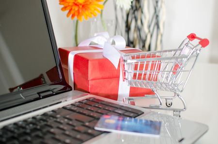 Shopping cart and credit card on a laptopの写真素材