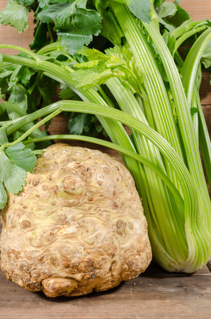Celery root and green celery on wooden backgroundの写真素材