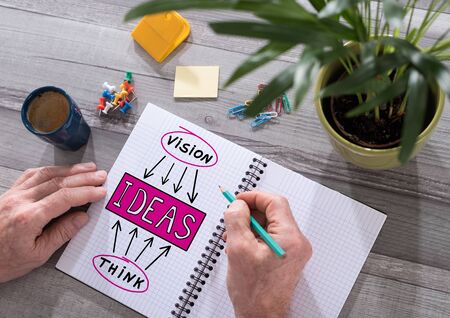 Ideas concept drawn on a notepad placed on a deskの写真素材