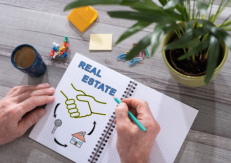 Real estate concept drawn on a notepad placed on a deskの写真素材