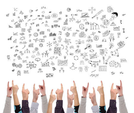 Creativity concept on white background pointed by several fingersの写真素材