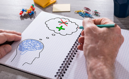 Hand drawing positive thought concept on a notepadの写真素材