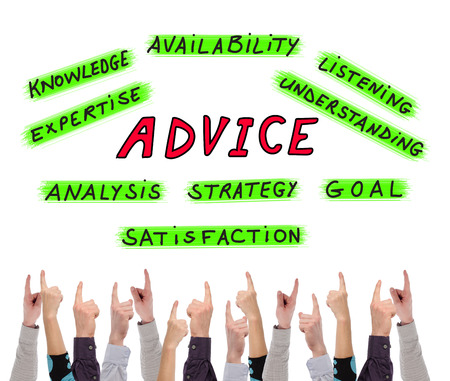 Advice concept on white background pointed by several fingersの写真素材