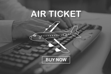Air ticket booking concept illustrated by a picture on backgroundの写真素材