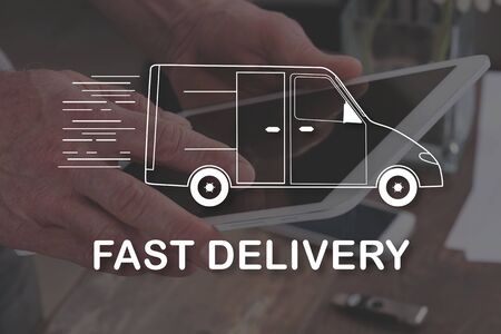 Fast delivery concept illustrated by a picture on backgroundの写真素材