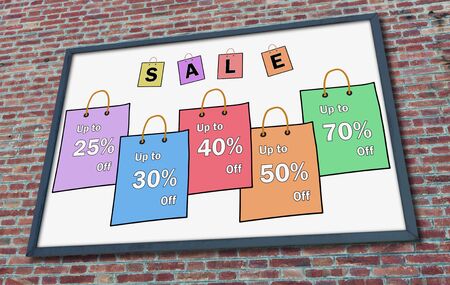 Sale concept drawn on a billboard fixed on a brick wall