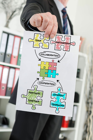 Paper showing partnership concept held by a businessmanの写真素材