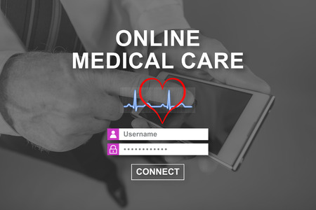 Online medical care concept illustrated by a picture on backgroundの写真素材