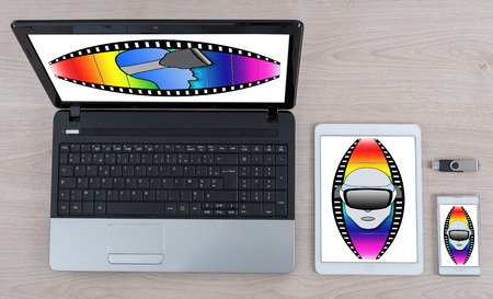 Virtual reality concept shown on different information technology devices