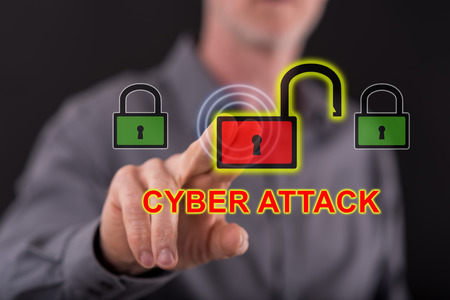 Man touching a cyber attack concept on a touch screen with his finger