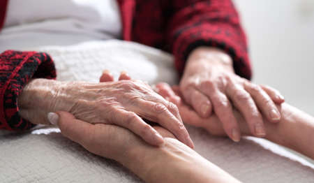 Hands of young woman holding the hands of an elderly personの写真素材