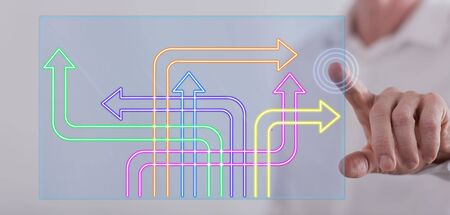 Man touching a digital decision concept on a touch screen with his fingerの写真素材