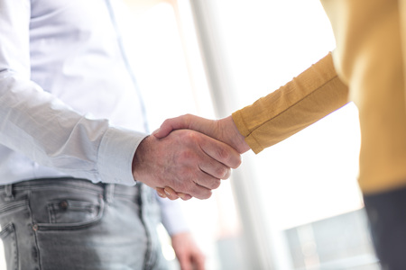 Businesswoman and businessman shaking hands in office