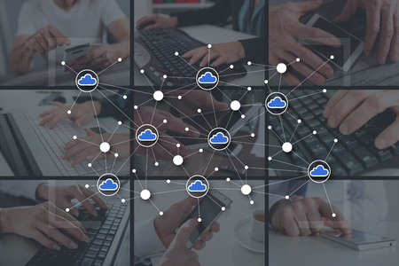 Cloud networking concept illustrated by pictures on backgroundの写真素材