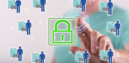 Man touching a personal data security concept on a touch screen with his finger