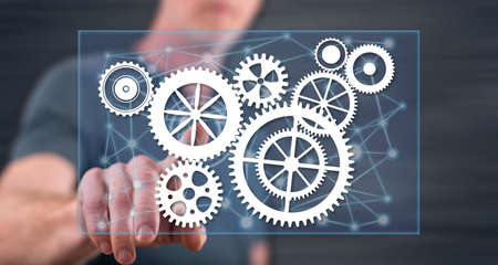 Man touching a connection concept on a touch screen with his fingerの写真素材