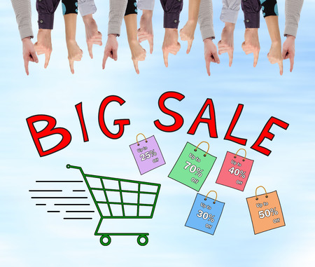 Big sale concept pointed by several fingersの写真素材