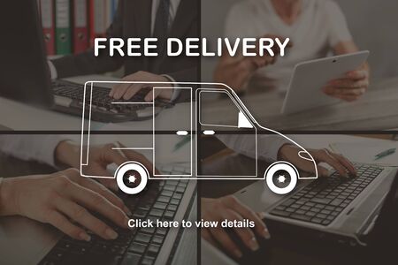 Free delivery concept illustrated by pictures on backgroundの写真素材