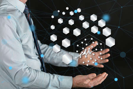 Abstract network concept above the hands of a man