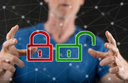 Cyber security concept between hands of a man in background