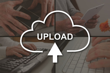 Data upload concept illustrated by pictures on backgroundの写真素材