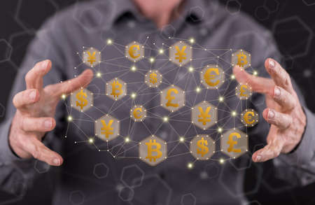 Currency exchange concept between hands of a man in background