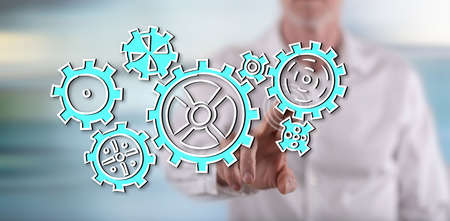 Man touching a cooperation concept on a touch screen with his finger
