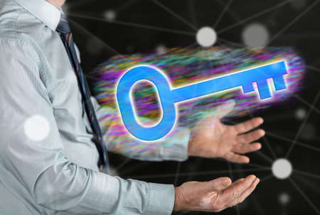 Solution concept above the hands of a manの写真素材