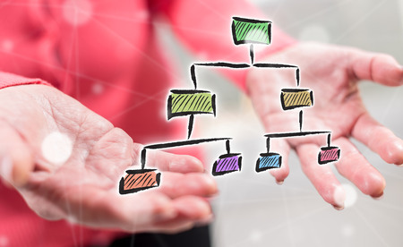 Organizational chart concept above the hands of a woman in backgroundの写真素材
